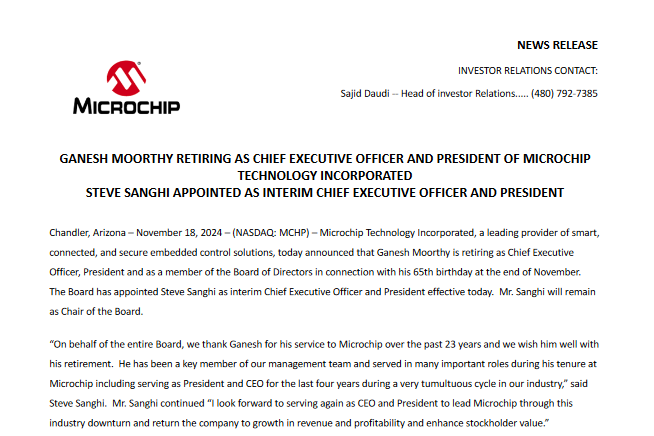 销售低迷：微芯科技CEO Ganesh Moorthy退休，Steve Sanghi回归(图1)