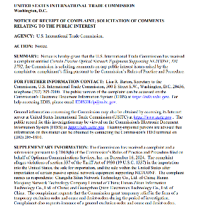 美国企业对特定无源光网络设备提起337调查，涉及4家中国企业(图1)