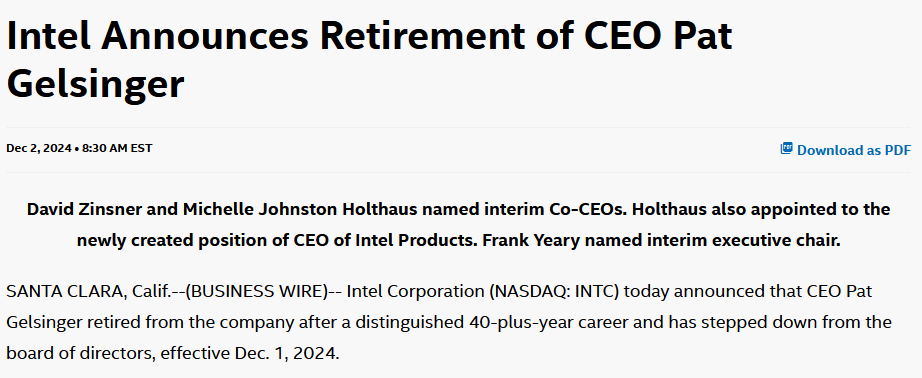 英特尔宣布CEO基辛格退休,立即生效(图1) 英特尔宣布CEO基辛格退休,立即生效(图1)